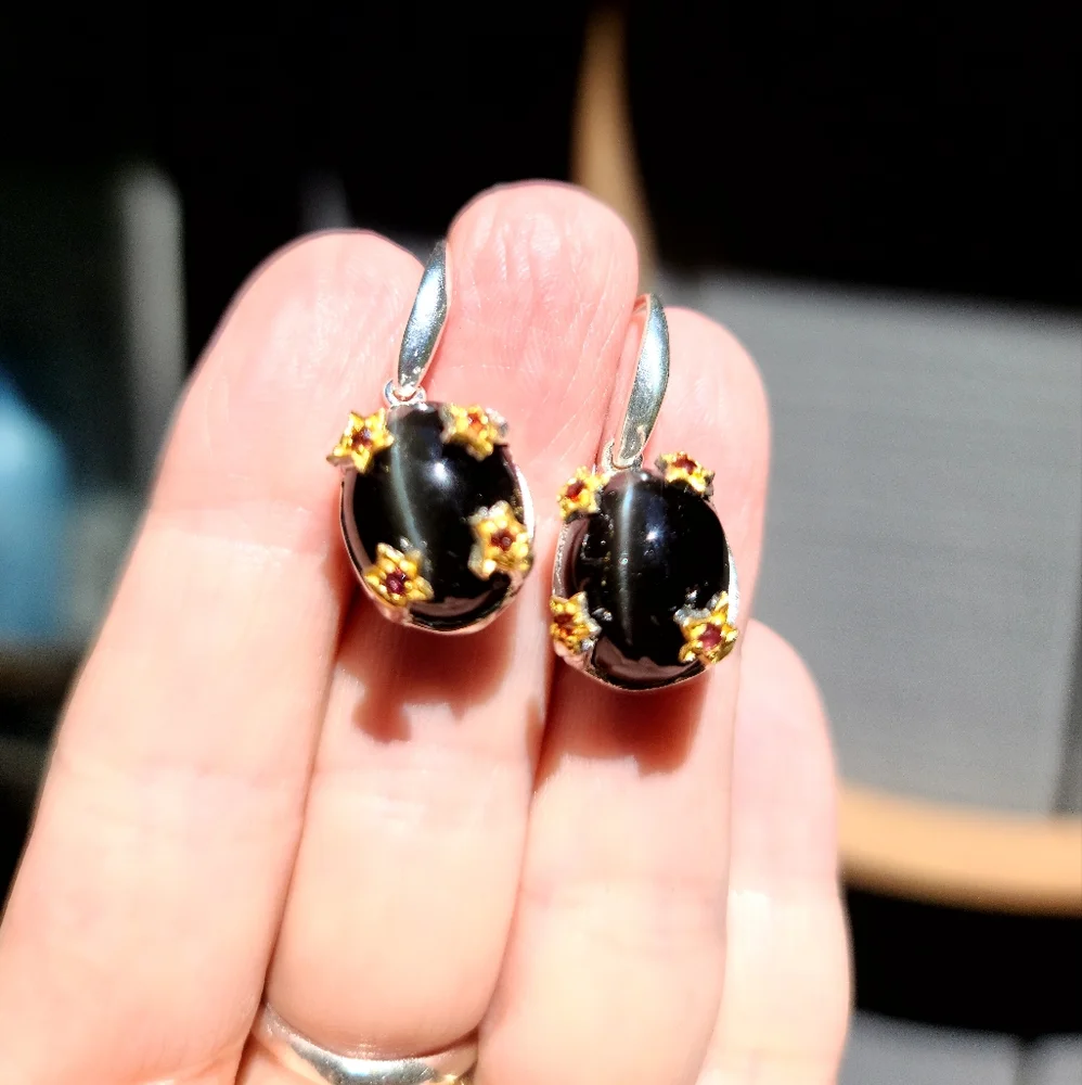 Cats Eye &Rhodolite sterling & gold STUNNING earrings - Picture 5 of 5